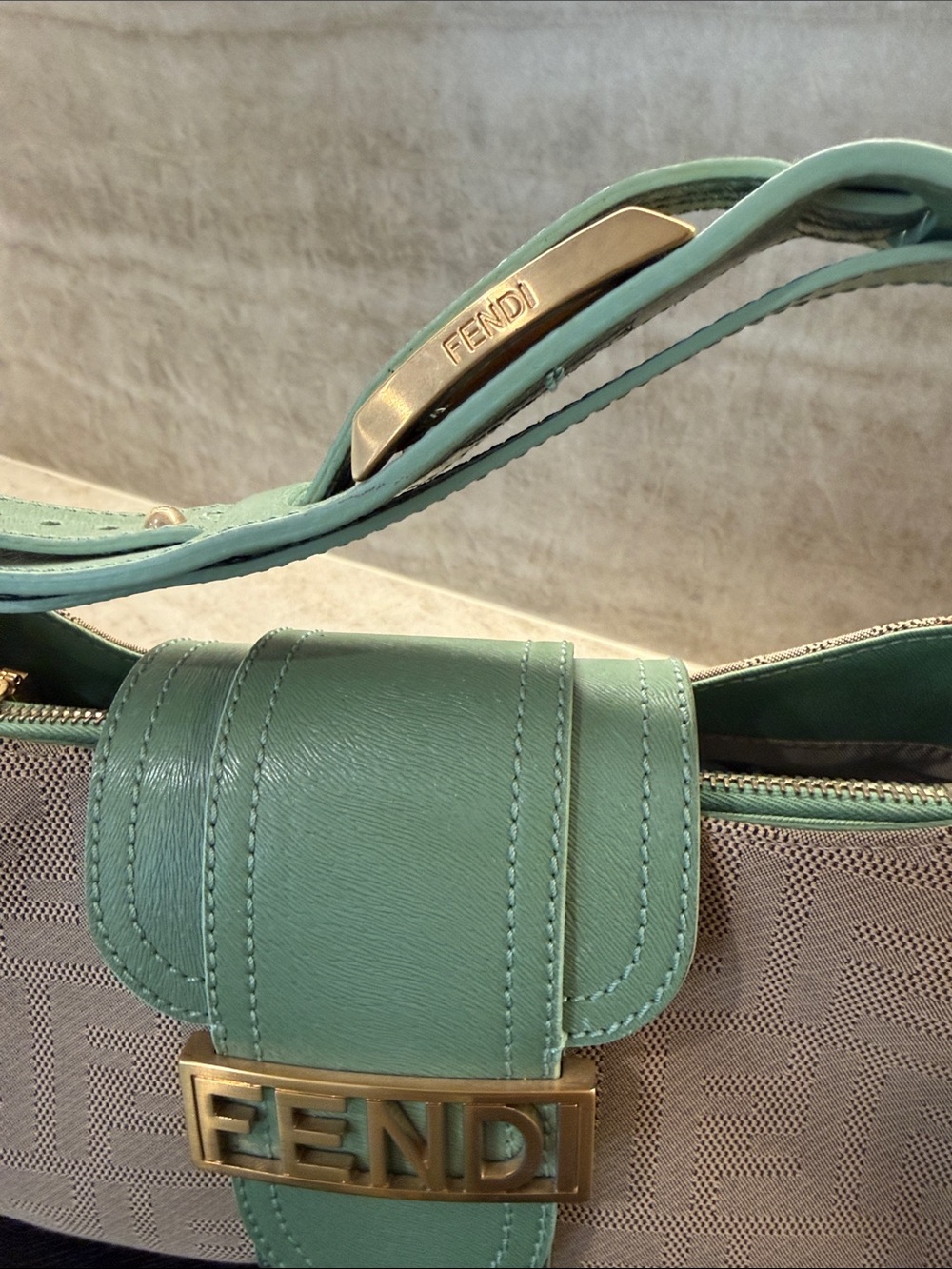 Fendi Zucca Mint Green and Beige Canvas Leather Baguette Shoulder Bag with Belt - Picture 3 of 9